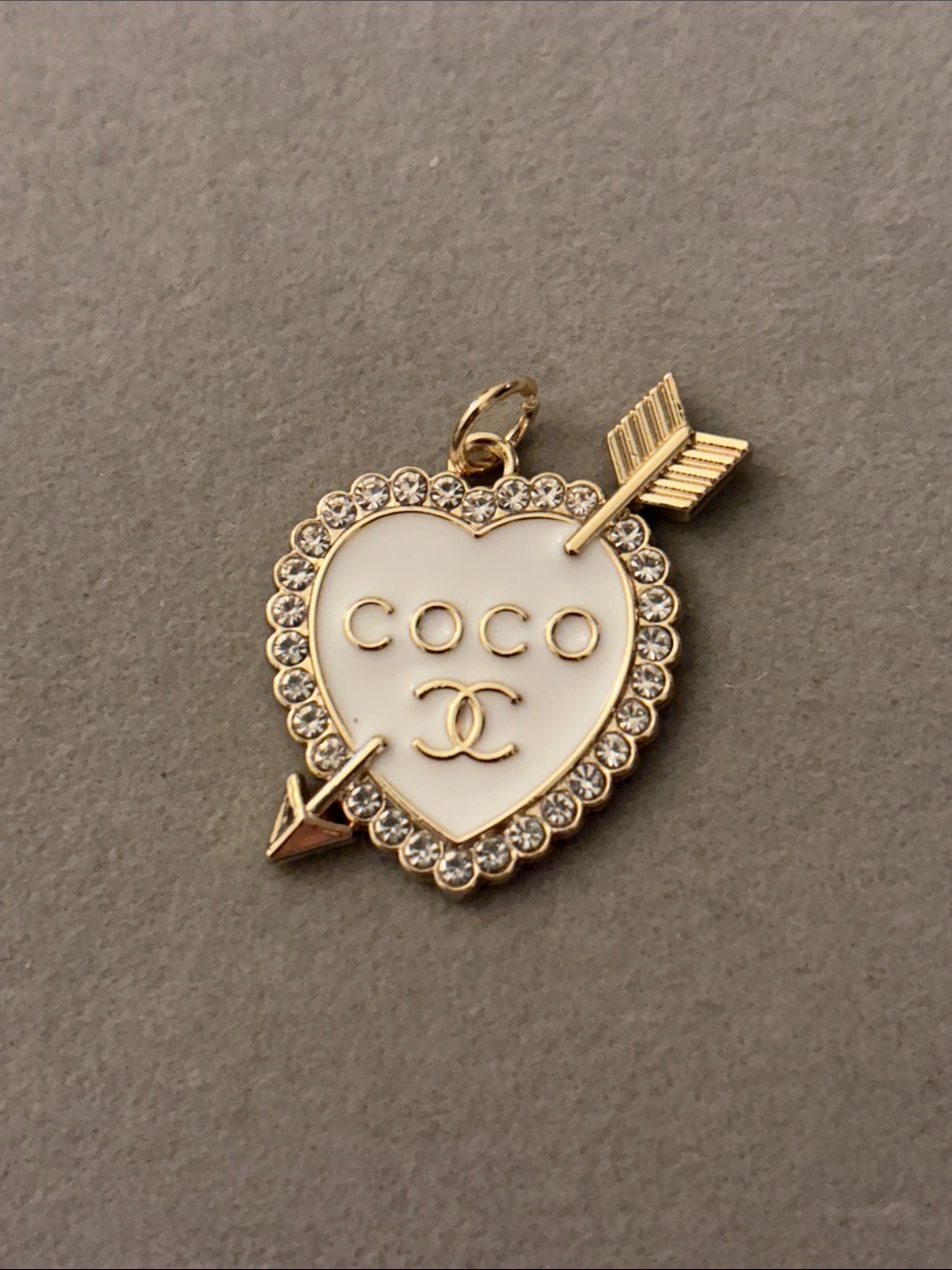 Gold-Tone White Heart Pendant with Crystal Border and Arrow